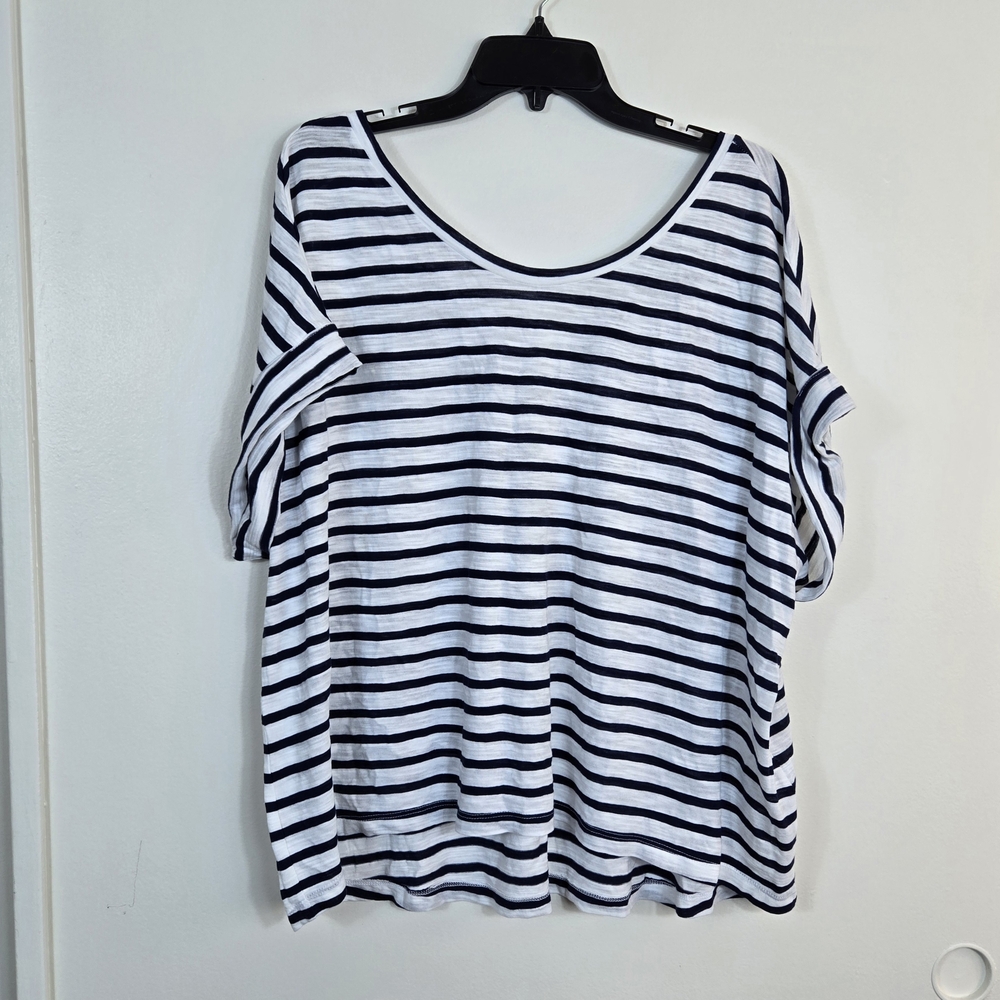 Banana Republic Women Navy White Striped V-Back Cuff Sleeve Nautical Tee XL NWOT